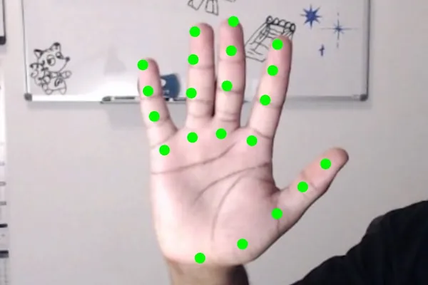 The palm of a hand with 4 points in green color that identify each finger, and 5 green points identifying the thumb and bottom of the palm.